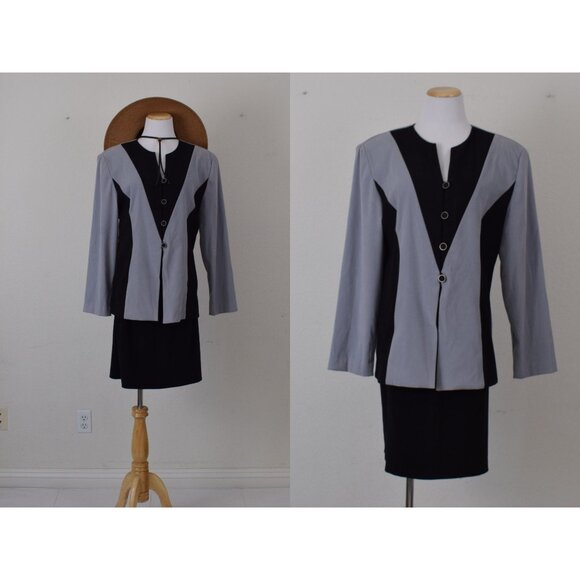 Vintage‎ Black Polyester 2 pc Skirt + Jacket Set - Picture 1 of 10